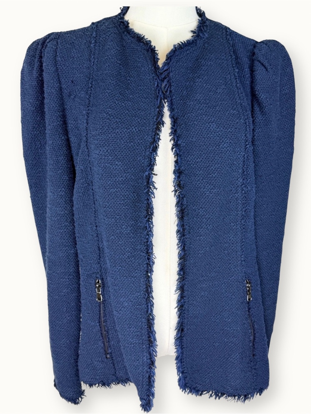 Rebecca Taylor Navy Tweed Fringe Puff Shoulder Jacket - Size 8